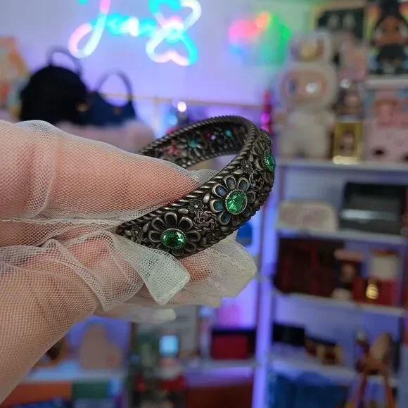 GUCCI Crystal Floral G Bangle 925 Silver Bracelet Green - Picture 10 of 14